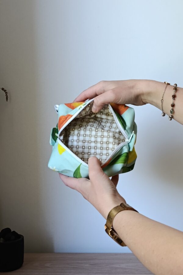 Petite pochette unique – Coton citron et vichy marron coeur